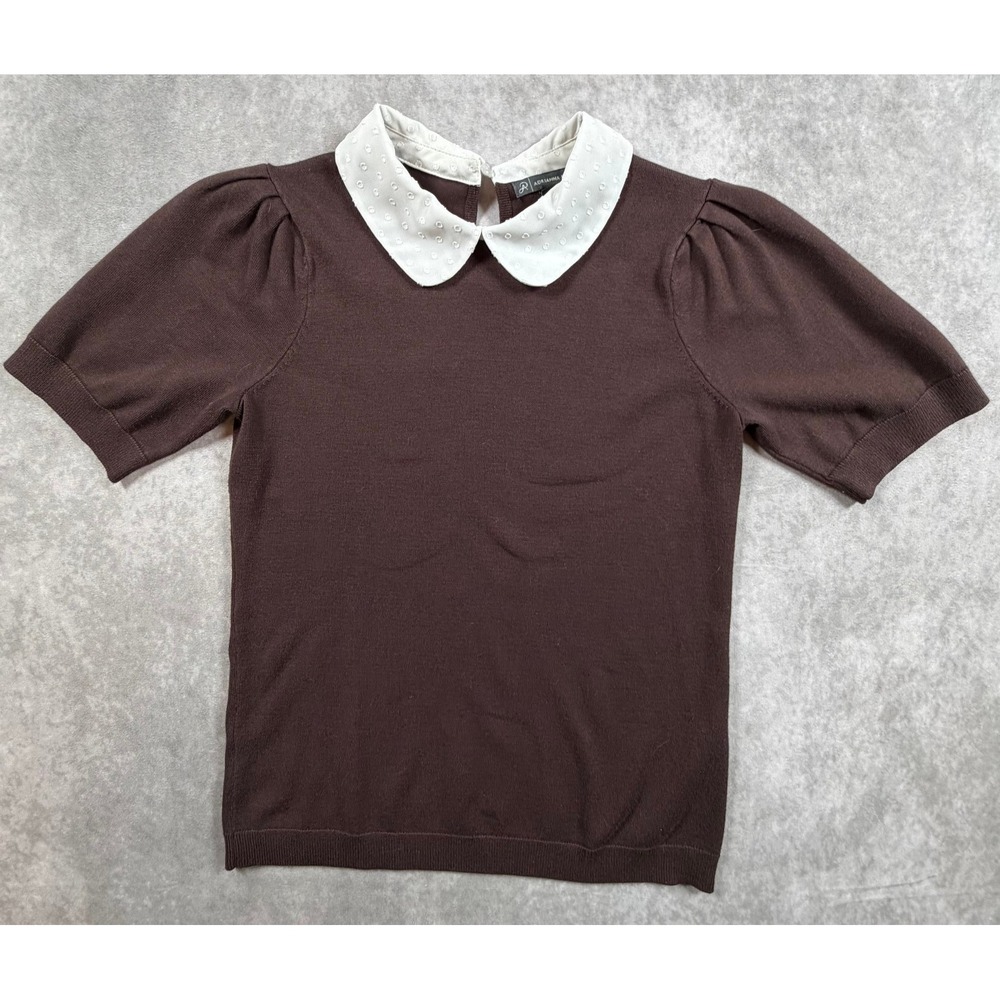 Adrianna Papell Womens XS Sweater Brown Eyelet Peter Pan Collar Puff Sleeves